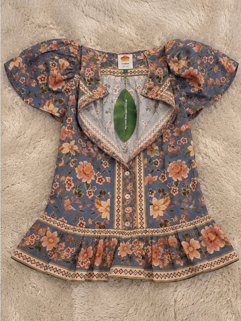 NWT FARM Rio Superbloom Tapestry Blue Floral Peplum Blouse Size L